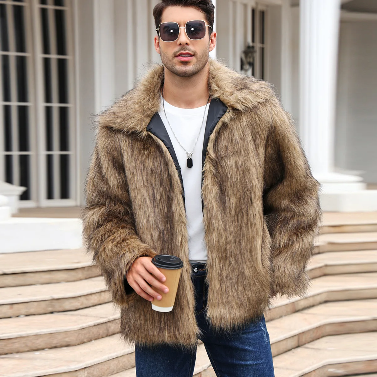 Thermal Long John - Men Faux Fox Fur Jacket Coat